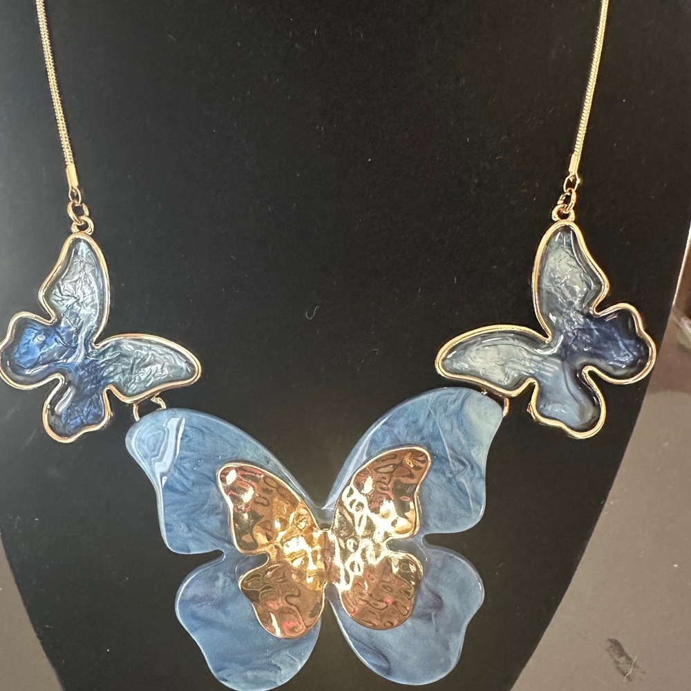 Ethereal Blue and Gold Butterfly Necklace